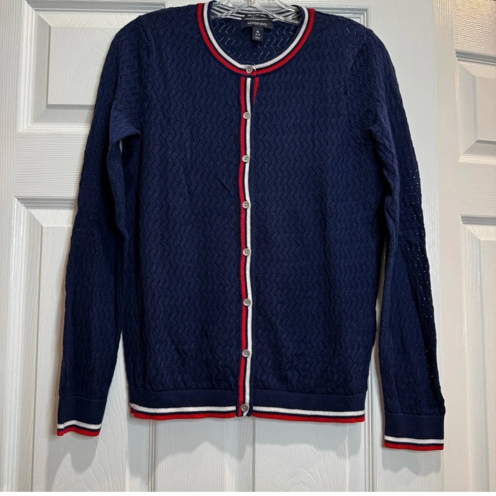 Lands' End Navy Knit Lace Cardigan Varsity Stripe Medium - Picture 2 of 10